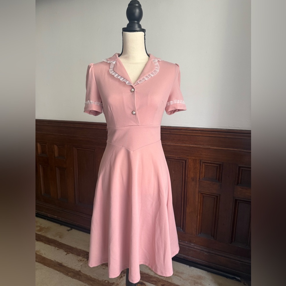 Allegra K Pink Midi Dress with Ruffle Details